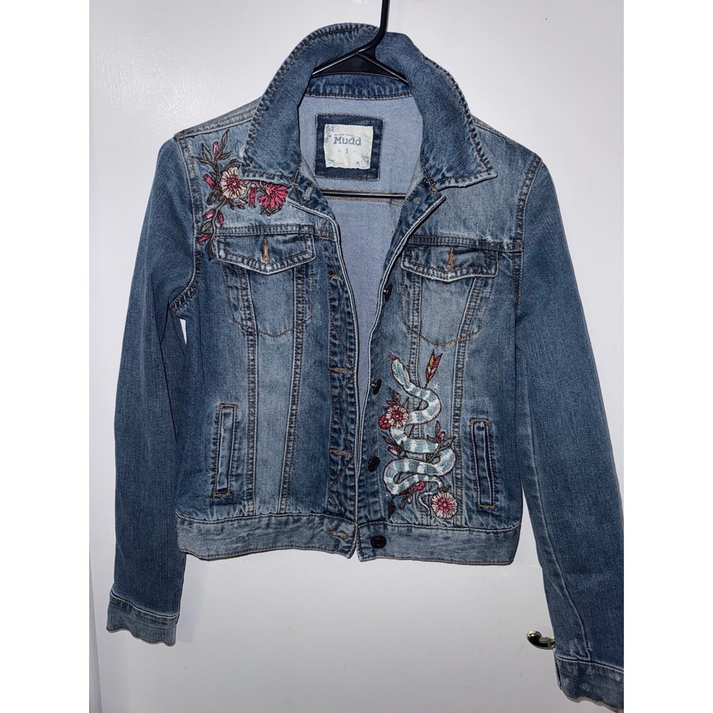 Mudd Womens Denim Jacket Medium Wash Floral Snake Embroidery Blue Size Small